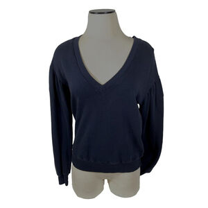 Monrow Sweatshirt Women's Sz S Black Shirred Long Sleeve V-Neck 100% Cotton